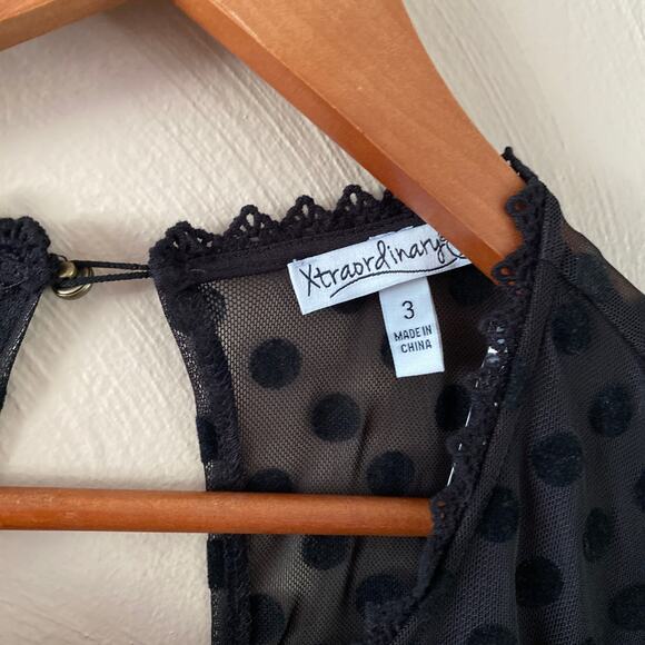 Xtraordinary Black Dress Polka Dot Short Puff Sleeve Sheer Skater Dress Size 3 - Picture 5 of 13